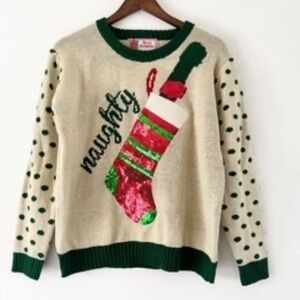 Holiday Time Cream and Green Naughty Stocking Sweater